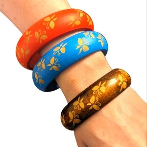 3 Wooden Bangle Bracelets with Butterfly Pattern